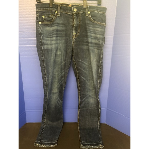 7 FOR ALL MANKIND The Ankle Skinny Jeans Raw Hem‎  Size 27x 32L Dark Wash - Picture 2 of 10